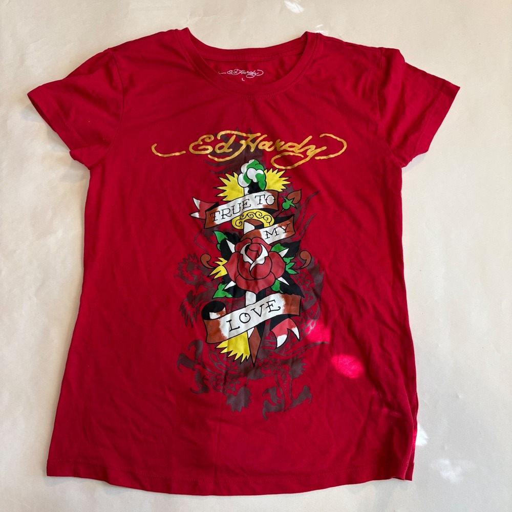 Ed Hardy Womens True To My Love Red Graphic T-Shirt L EHW1105-13D